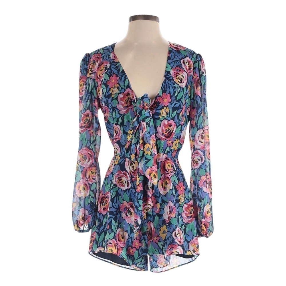 Lovers + Friends Celia Floral Romper S NWT Blue Pink Rose Puff Sleeve Cutout